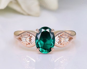 Lab Created Emerald and Moissanite Ring 14k Rose Gold-Plated Engagement Ring Vintage Art Deco Bridal Gift Christmas Gift For love