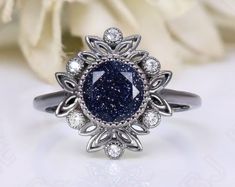 8mm Round Vintage Blue Sandstone Wedding Ring 14K Black Gold Engagement Anniversary Ring For Her Black Gold Art Deco Ring