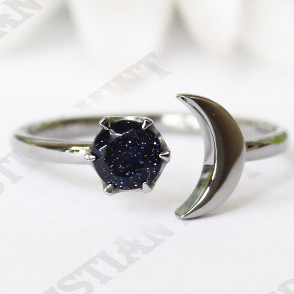 Natural Blue Sandstone Gemstone 14K black rhodium gold plated 925 silver Engagement Ring Crescent Art deco Bridal Wedding BlueSandstone Ring