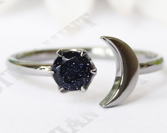 Natural Blue Sandstone Gemstone 14K black rhodium gold plated 925 silver Engagement Ring Crescent Art deco Bridal Wedding BlueSandstone Ring