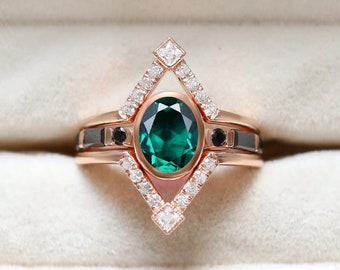 Oval Emerald Ring 14k Rose Gold Plated 925 Silver Engagement Ring Set Bridal Ring Set Wedding Ring Set Gift Christmas Gift For love