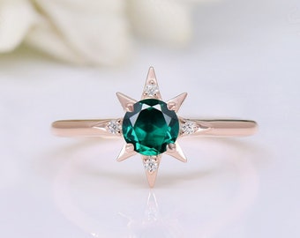 2.40cts Emerald Engagement Bridal Ring For Her, Bridal Moissanite Ring, Antique Vintage Art deco Round Green Stone Ring, Gift For Birthday