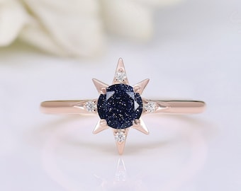 Natural Blue Sandstone Gemstone 14K rose gold plated 925 silver Engagement Ring Art deco Bridal Wedding Blue Sandstone Rings