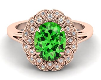 Vintage Art Deco Tsavorite Gemstone Ring, Moissanite, Rose Gold Plated