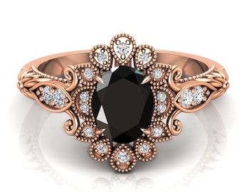 Oval 8x6mm Natural Black Onyx Gemstone Engagement Ring, Bridal Black Stone Ring For Wife, Vintage Art  Moissanite Ring, Straight Shank Ring