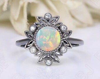 Round 8.00 Natural Ethiopian Opal Wedding Bridal Ring Art deco Bridal Ring Black Rhodium Engagement Wedding Black Gold Metal Ring For Her