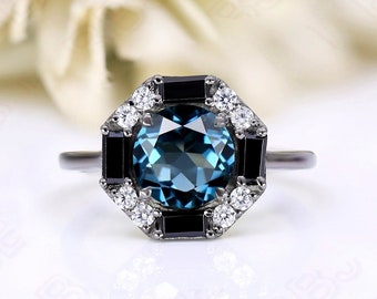 2.30 ct. AAA Natural London Blue Topaz Wedding Bridal Ring, Vintage Art Deco Ring 14K Gold Wedding engagement Black Gold Ring For Her