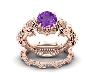 1.81Cts. Amethyst Engagement Bridle Ring, moissanite ring, Vintage Art Deco ring, leaf ring, Floral Ring, Flower Ring, Solitaire Ring.