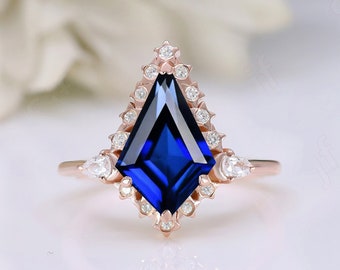 1.95cts Blue Sapphire Gemstone Engagement Ring, kite Shape Ring For Her, Vintage Art deco Bridal Moissanite Ring, Gift For Love Birthday.