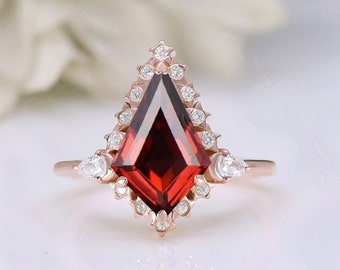 Kite Shape Red Garnet Black Gold Ring, Halo Art deco Garnet Engagement Ring, 14k Solid Gold Garnet Wedding Ring, Promise Gold Ring gift