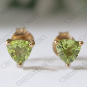 1.00 Cts. Natural Peridot Gemstone Trillion Shape Stud Earrings, Sliver Stud Earrings, Solitaire Stud Earrings, Christmas Gift For Woman