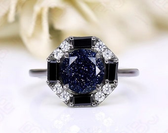 8mm Round Vintage Blue Sandstone Wedding Ring 14K Black Gold Engagement Anniversary Ring For Her Black Gold Art Deco Ring
