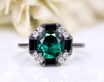Emerald Wedding Ring Dainty Halo Engagement Ring Beautiful Black Gold Ring Gift For Valentine Day Statement Ring Promise Ring Birthday Gift