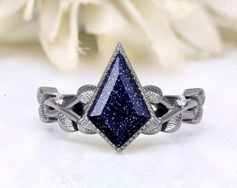 Kite Vintage Blue Sandstone Wedding Ring 14K Black Gold Engagement Anniversary Ring For Her Black Gold Art Deco Ring Statement Ring For Her