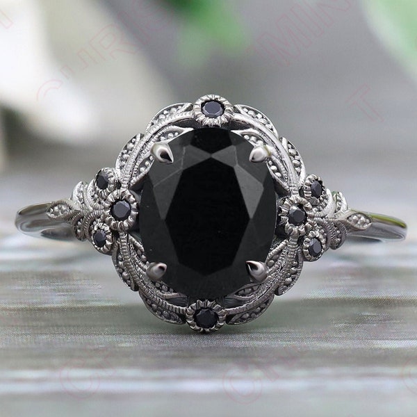 Black Onyx Wedding Ring, Vintage Art deco Floral Ring For Her, rose flower Ring jewelry. Beautiful black gold ring  , Gift for valentine day