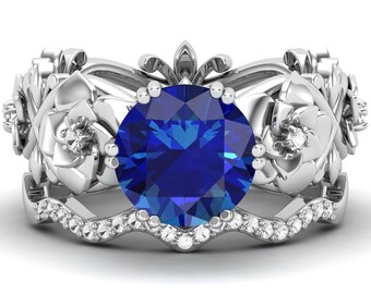 Vintage Blue Sapphire Ring Set, Floral Halo Design (2 Pieces)