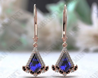 AAA Tanzanite Wedding Earring, Unique Vintage Art deco Tanzanite Gold Earring, Tanzanite Black Gold Earring, Gift for Wife, Gift for Woman