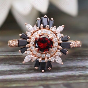 Vintage Art deco Red Garnet Engagement Ring, Floral Flower Ring, Halo Bridal Moissanite Ring, Baguette Black Spinal Ring, Gift For Wife; Her