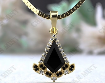 Vintage Art deco Black Onyx Necklace, Kite Shape Black Onyx Wedding Necklace, Moissanite Halo Pendant, 18 inch Box Chain With Spring lock
