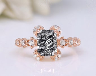 Octagon Black Rutilated Quartz Gemstone Wedding Ring, Art Deco Ring, Bridal Wedding Engagement Ring Octagon Black Rutile Ring For Her
