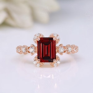 Natural Red Garnet Gemstone Engagement Ring, Art deco Bridal Moissanite Ring, Octagon Ring, Red Stone Ring, Gift For Valentine Day image 1