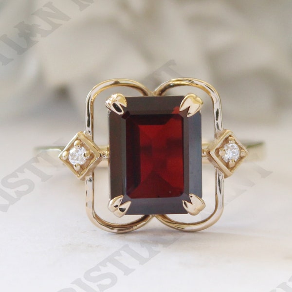 3.50cts, Natural Red Garnet Gemstone Engagement Ring, Art deco Bridal Moissanite Ring, Octagon Ring, Red Stone Ring, Gift For Valentine Day