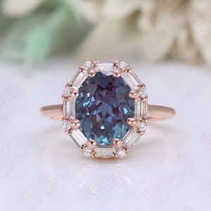Alexandrite Engagement Ring Oval 10x8mm Antique Halo Ring Gift For Wedding Anniversary Birthday Present 925 Silver 14K Rose Gold Rings