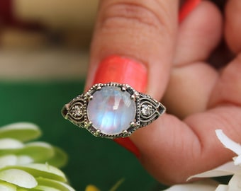 Moonstone Promise Ring - Vintage Oxidized Silver, Round Stone