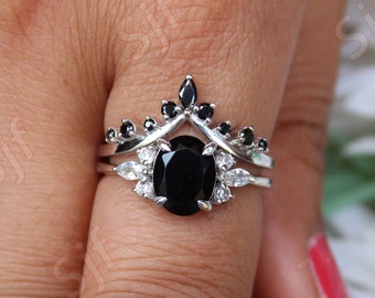Oval 8x6mm Natural Black Onyx Wedding Ring Set, Unique 2Pcs Engagement Ring Set For Wife, Birthstone Ring, Christmas Gift For Her,Bridal Set