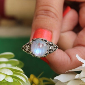 Vintage Art deco Moonstone Ring, Round Cab Moonstone Oxidized Wedding Bridal Ring, Oxidized Ring For Birthday Gift, Birthstone Milgrain Ring
