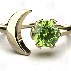 AAA Natural Peridot Gemstone 14K Yellow Gold Plated 925 Sterling Silver Ring Peridot Crescent Ring Solid Gold Round Green Gemstone Ring