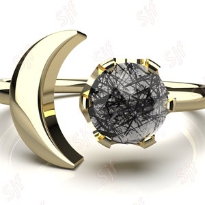 Natural Black Rutilated Quartz Gemstone 14K yellow gold plated 925 silver Engagement Ring Crescent Art deco Bridal Wedding Black Rutile Ring