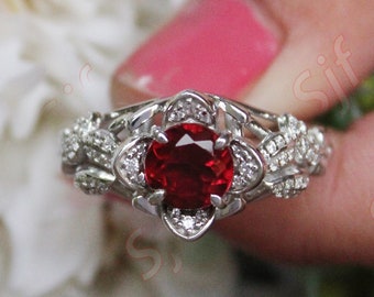 Vintage Ruby Engagement Ring, Flower & Leaf Motif (Gold Plated)