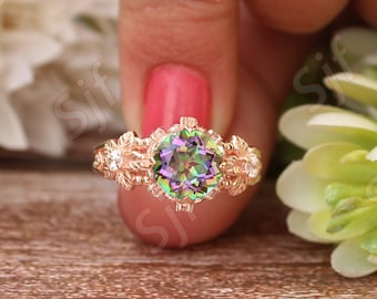 9.00mm Natural Mystic Topaz Round Cut Bridal Ring, Vintage Art Deco Ring, Moissanite Ring, Color Change Stone Ring, Multi Color Stone Ring.