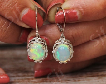 2.80 cts, AAA Natural Opal Gemstone Earring, Lever Back Earring, Oval Shape Opal Earring, Moissanite Earring, Christmas Gift For Love