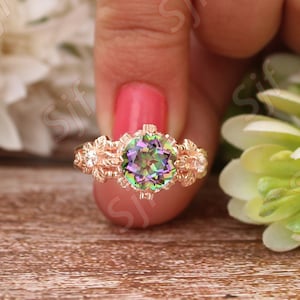 9.00mm Natural Mystic Topaz Round Cut Bridal Ring, Vintage Art Deco Ring, Moissanite Ring, Color Change Stone Ring, Multi Color Stone Ring.