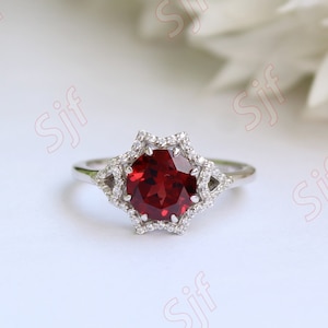 2.50ct, Natural Red Garnet Gemstone Wedding Ring, Bridal Moissanite Ring, Antique Red Stone Star Shape Ring, Solitaire Ring, Gift For Women