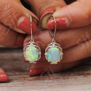 2.80 cts, AAA Natural Opal Gemstone Earring, Lever Back Earring, Oval Shape Opal Earring, Moissanite Earring, Christmas Gift For Love image 1