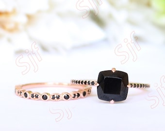 2.30 Cts. Black Onyx Engagement Ring set, Black Spinal Rose Gold Plating Wedding Ring Set, Vintage Art deco Bridal Ring set, Gift for wife