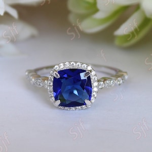 2.32 ct Lab Created AAA Blue Sapphire Bridal Ring Moissanite in Rhodium Plated Wedding Ring Unique Micro Set Art deco Ring for Anniversary image 1