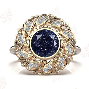 1.70ctw Natural Blue Sandstone Gemstone 14K rose gold plated 925 silver Engagement Ring Art deco Bridal Wedding Blue Sandstone Rings
