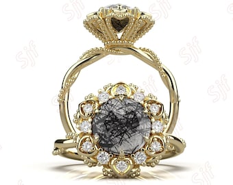 1.47ctw Natural Black Rutilated Quartz Gemstone 14K yellow gold plated 925 silver Engagement Ring Art deco Bridal Wedding Black Rutile Rings