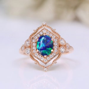 Oval Peacock Opal Gemstone Engagement Ring Vintage Art deco Bridal Moissanite Ring 14K Rose Gold 925 Silver Ring Promise Ring For Love