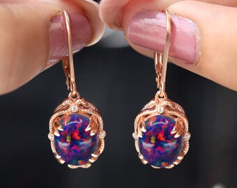 Oval Black Opal Earrings: Vintage Style (3.15ct, Rose Gold Plated)