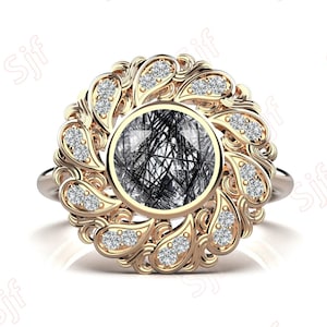 1.67ctw Natural Black Rutilated Quartz Gemstone 14K rose gold plated 925 silver Engagement Ring Art deco Bridal Wedding Black Rutile Rings