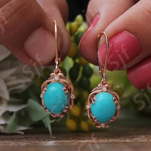 5.25 Cts Natural Sleeping Beauty Turquoise Earrings, Vintage Art deco Dangle & Drop earringss, Lever back Turquoise Earring, Gift for Woman
