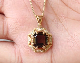 4.30 cts, Natural Smoky Quartz Gemstone Pendant, Octagon Smoky Pendant, 18 inch Box Chain With Spring Lock, Moissanite Pendant, Gift For Her