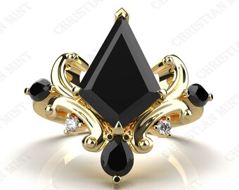 Vintage Art deco Black kite Engagement Ring for love, Nature Inspired Black Kite Wedding Ring, Black Onyx Kite Ring, Fancy Kite Gold Ring