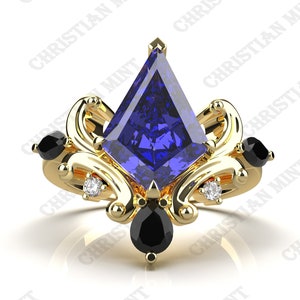 AAAA Natural Royal Blue Tanzanite Engagement Gold Ring, D'Block Tanzanite Solid Gold Ring, Vintage Art deco Kite Shape Tanzanite Gold Ring, image 1