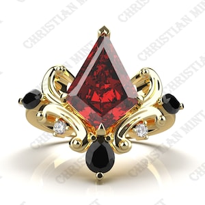 Kite Shape Red Garnet Black Gold Ring, Vintage Art deco Garnet Engagement Ring, 14k Solid Gold Garnet Wedding Ring, Promise Gold Ring gift